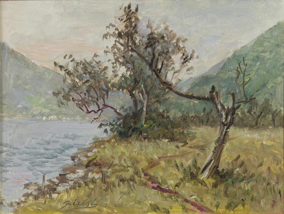 ANGELO FIESSI Lagoon landscape with trees.: Lagoon landscape with trees. Oil on pressboard. Cm 40,00 x 30,00. Signature lower left. . Frame present