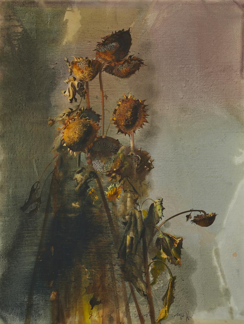 MARIO MADIAI Girasoli d'agosto. .: Girasoli d'agosto. . Oil on canvas . Cm 100,00 x 130,00. Title and signature lower centre. Tiziano Forni authenticity certificate. Frame present