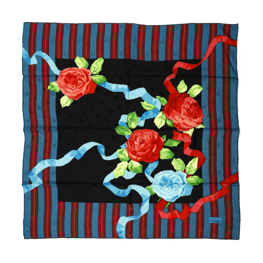 GIANFRANCO FERRE' Black silk scarf with multicolored stripes and flowers. (1 of 2)
