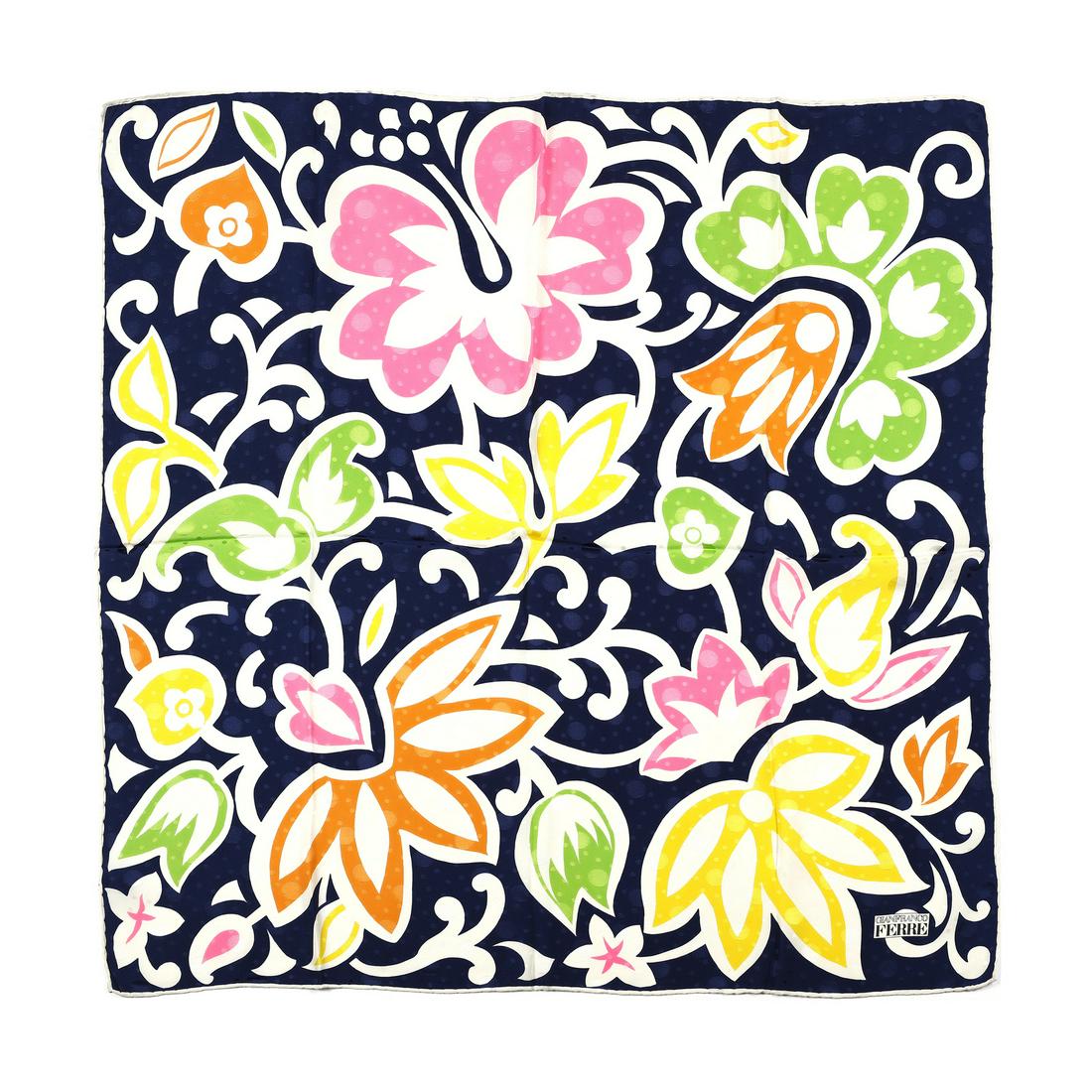 GIANFRANCO FERRE' Blue silk scarf with multicolored flowers. (1 of 2)