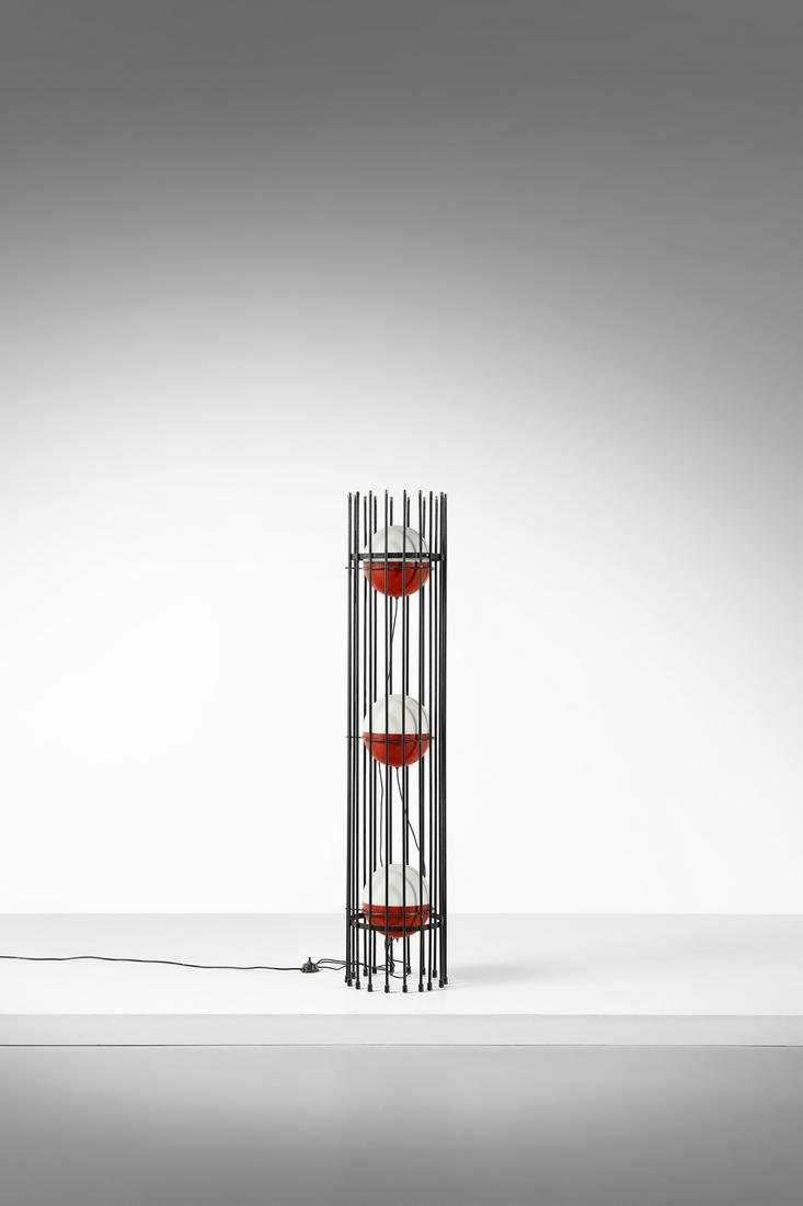 ANGELO BROTTO Floor lamp for Esperia.: Floor lamp for Esperia. 1960. Painted metal, brass and opal glass.. Cm 35,00 x 177,00 x 35,00.