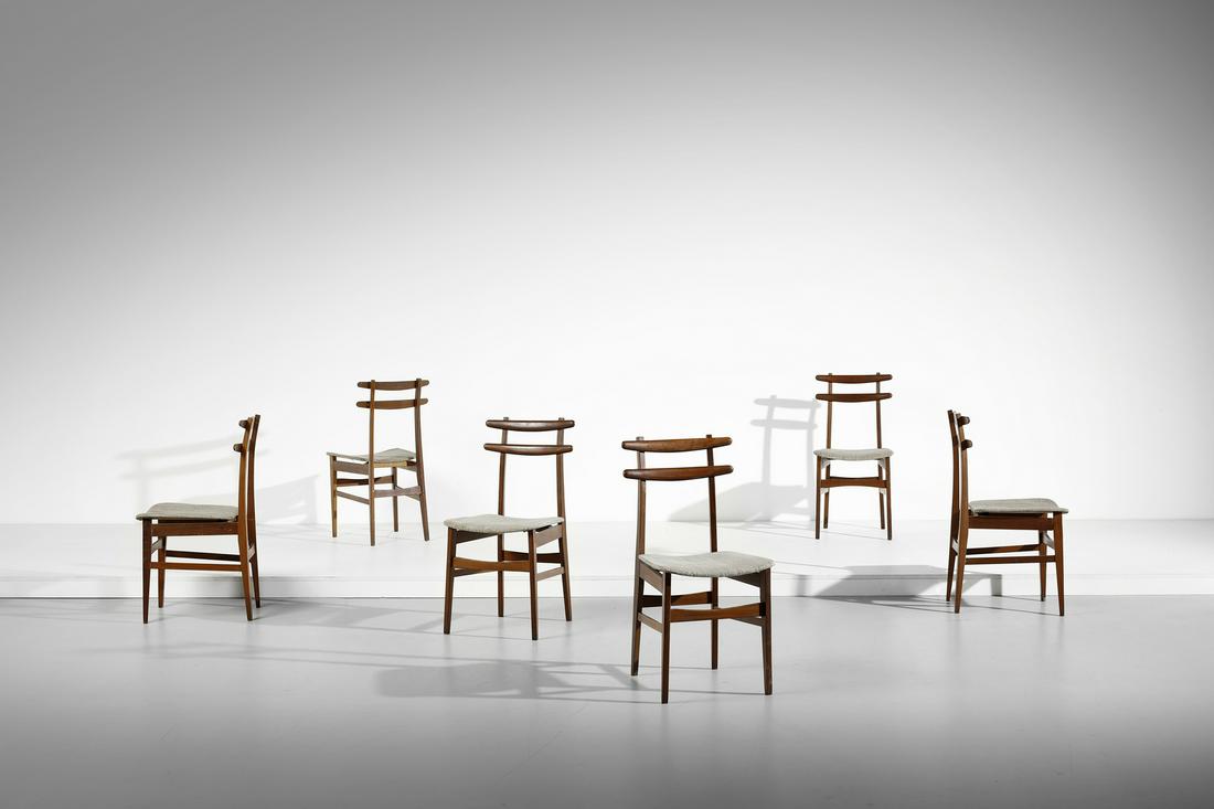 MANIFATTURA ITALIANA Six chairs.: ITALIAN WORK Six chairs. Teak and fabric.. Cm 48,00 x 89,00 x 43,00. 1960s.
