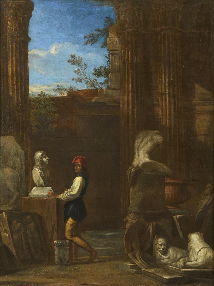 JAN MIEL The sculptor.: The sculptor. Oil on canvas . Cm 37,00 x 47,00. The artwork is accompanied by a text by Giancarlo Sestieri, 16 May 2021, Rome.. Frame present