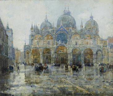 ANGELO PAVAN Reflections (St Mark's Square in Venice).: Reflections (St Mark's Square in Venice). Oil on panel. Cm 38,00 x 32,00. Signed lower right. Titled and signed on the back.Provenance: Private collection, Milan. Frame present