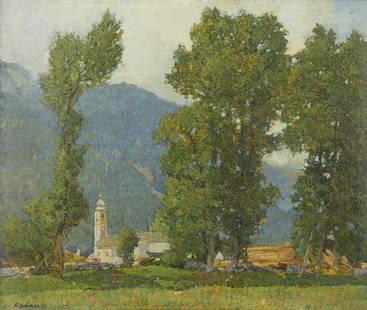 ANGELO PAVAN Santa Maria Maggiore in Val Vigezzo.: Santa Maria Maggiore in Val Vigezzo. Oil on panel. Cm 38,00 x 32,00. Signed lower left. Titled and signed on the back.Provenance: Private collection, Milan. Frame present