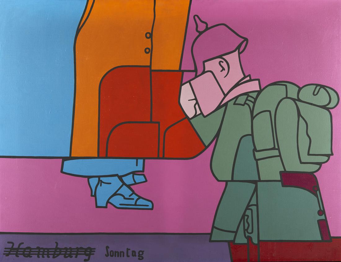 VALERIO ADAMI La domenica di Amburgo.: ADAMI VALERIO (n. 1935) La domenica di Amburgo. 1971. Oil on canvas . Cm 116,00 x 89,00. Title, signature and year at the back. Artist's authenticity certificate on photo. Exhibition: Galerie Maeght,