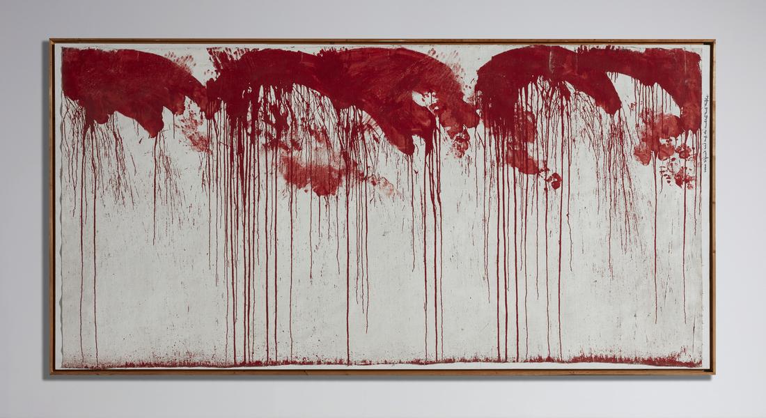 HERMANN NITSCH Untitled.: NITSCH HERMANN (1938 - 2022) Untitled. 1984. Oil on canvas . Cm 417,00 x 215,00. Signature and year upper right. Exhibition: Hermann Nitsch - La pittura Orgien Misterien Theatre, 1984, Franz Paludetto