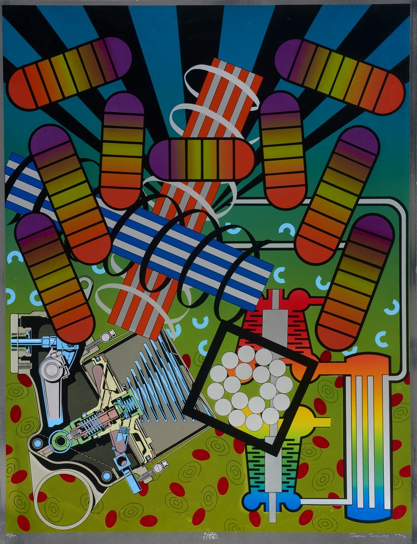 PETER PHILLIPS Spectrocoupling (Green & Yellow).: Spectrocoupling (Green & Yellow). 1972. Silkscreen print on silver foil. Cm 69,00 x 87,00. 29/100. Edition, signature and year at lower. Dry stamp Plura Edizioni, Milan, lower centre. Total edition:10