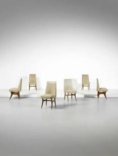 MELCHIORRE BEGA Six chairs.: Six chairs. Wood, brass and padded skai.. Cm 42,00 x 88,00 x 48,00. 1950s.