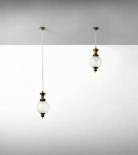 LUIGI CACCIA DOMINIONI Pair of LS1 ceiling lamps for Azucena.: Pair of LS1 ceiling lamps for Azucena. Nickel-plated metal and opal glass.. Cm 30,00 x 65,00 x 30,00. 1950s.