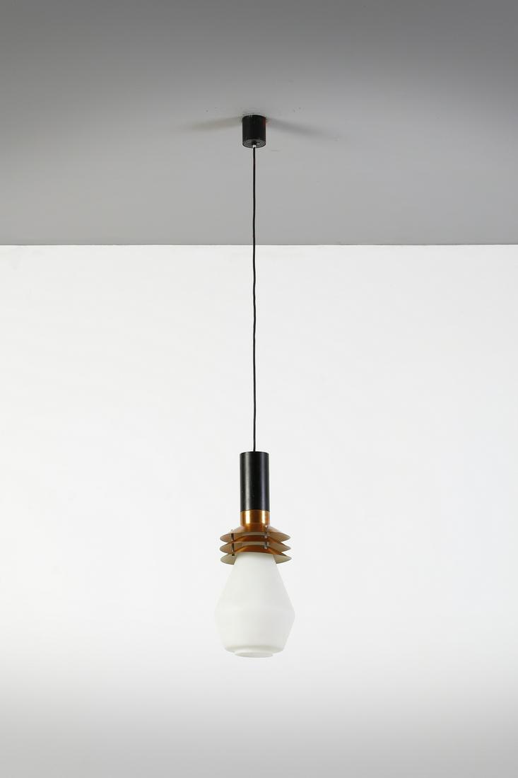 STILNOVO Ceiling lamp.: Ceiling lamp. Painted metal, copper and opal glass.. Cm 25,00 x 53,00 x 25,00. 1960s. 1007