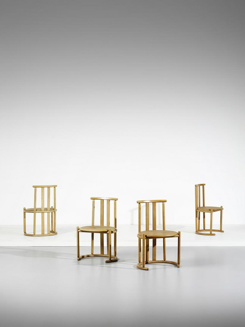 GIGI & PEPE TANZI Four chairs for Pozzi e Verga.: Four chairs for Pozzi e Verga. Bent beech wood and Vienna straw.. Cm 58,00 x 86,00 x 46,50. 1970s.