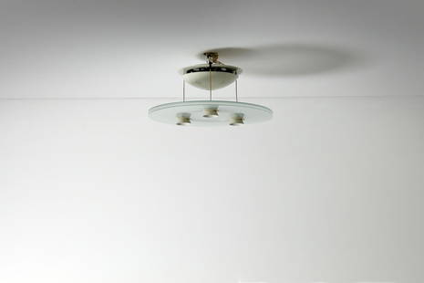 SANTIAGO MIRANDA & PERRY KING Aurora 1040 ceiling lamp for Arteluce .: Aurora 1040 ceiling lamp for Arteluce . Painted metal and cut crystal.. Cm 70,00 x 10,00 x 70,00. 1980s.