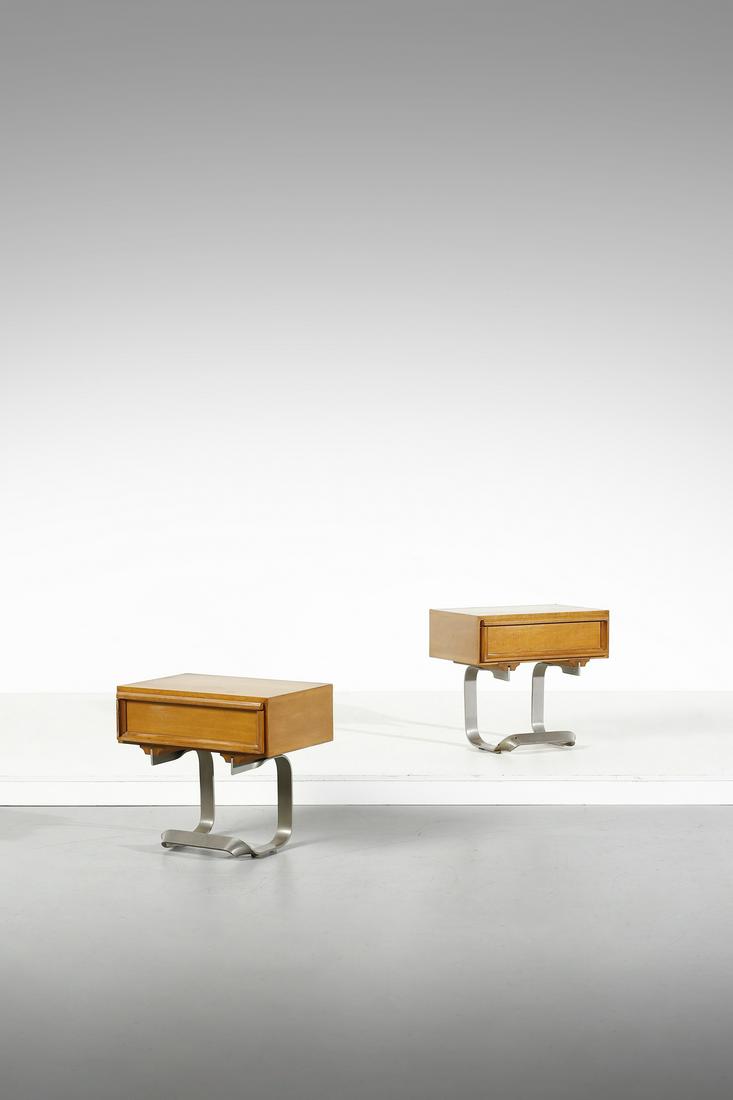 MANIFATTURA ITALIANA Pair of bedside tables.: ITALIAN WORK Pair of bedside tables. Iron and wood.. Cm 55,00 x 52,00 x 34,00. 1970s