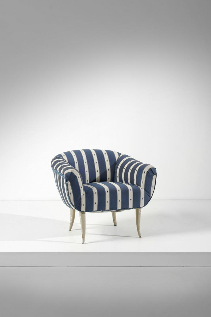 OSVALDO BORSANI Armchair.: Armchair. Lacquered wood and padded fabric.. Cm 67,50 x 62,00 x 72,00. 1930s