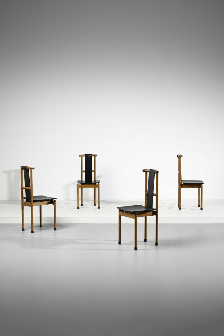 GIGI & PEPE TANZI Four TabÃ¹ chairs for Pozzi & Verga.: Four TabÃ¹ chairs for Pozzi & Verga. 1980. Wood and leather.. Cm 41,00 x 97,00 x 48,00.