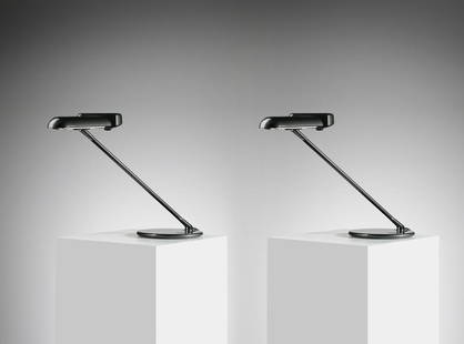 BRUNO GECCHELIN Ring pair of table lamps for Arteluce.: Ring pair of table lamps for Arteluce. 1979. Painted metal and chromed metal.. Cm 50,00 x 40,00 x 29,00.