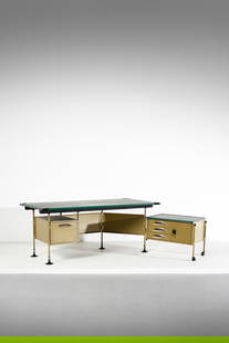 STUDIO BBPR Desk with chest of drawers from the Spazio Modernista series for Olivetti.: Desk with chest of drawers from the Spazio Modernista series for Olivetti. 1959. Painted metal, imitation leather and plastic.. . Dimensions: desk 78 x 197 x 95 cm; chest 60 x 75 x 55 cm