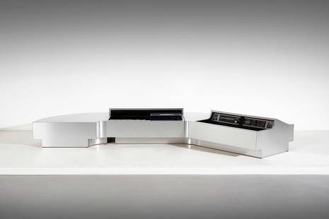 MICHEL BOYER attributed. Stereo.: attributed. Stereo. Satin steel.. Cm 121,00 x 30,50 x 78,00. 1970s.Dimensions: stereo modulus 40 x 94 x 76 cm; minor modulus 30,5 x 65 x 76 cm