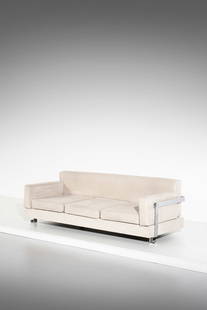 LUIGI CACCIA DOMINIONI Three-seater sofa from the P11 Fasce Cromate series for Azucena.: Three-seater sofa from the P11 Fasce Cromate series for Azucena. 1963. Steel and alcantara.. Cm 210,00 x 67,00 x 83,00. Literature: G. Gramigna, Repertorio del design italiano 1950-2000 per l'arredame