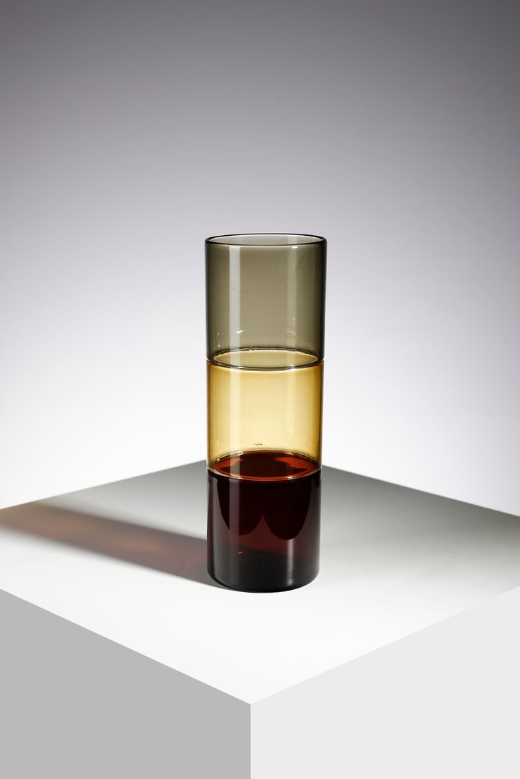 FULVIO BIANCONI 4392 vase for Venini in transparent glass with bands of three colors combined with (1 of 2)