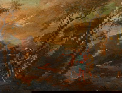 ADAM ELSHEIMER Attributed to. Appearance on the Road to Emmaus.: ELSHEIMER ADAM (1574 - 1620) Attributed to. Appearance on the Road to Emmaus. Oil on copper. Cm 33,00 x 25,50. . Frame present