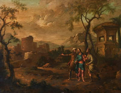 ADAM ELSHEIMER Attributed to. Appearance on the Road to Emmaus.: ELSHEIMER ADAM (1574 - 1620) Attributed to. Appearance on the Road to Emmaus. Oil on copper. Cm 33,00 x 25,50. . Frame present