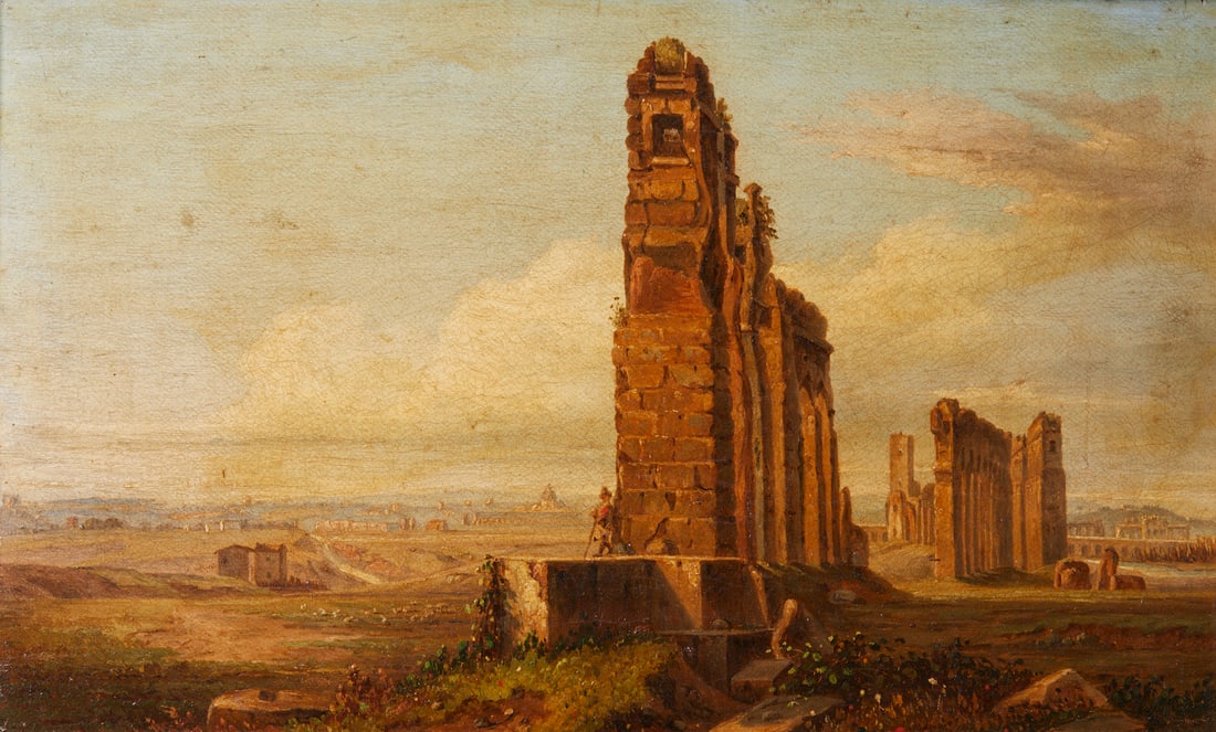 GIACINTO GIGANTE Attributed to. View of the Roman countryside with the Claudio aqueduct.: GIGANTE GIACINTO (1806 - 1876) Attributed to. View of the Roman countryside with the Claudio aqueduct. Oil on canvas . Cm 33,50 x 21,00. . Frame present