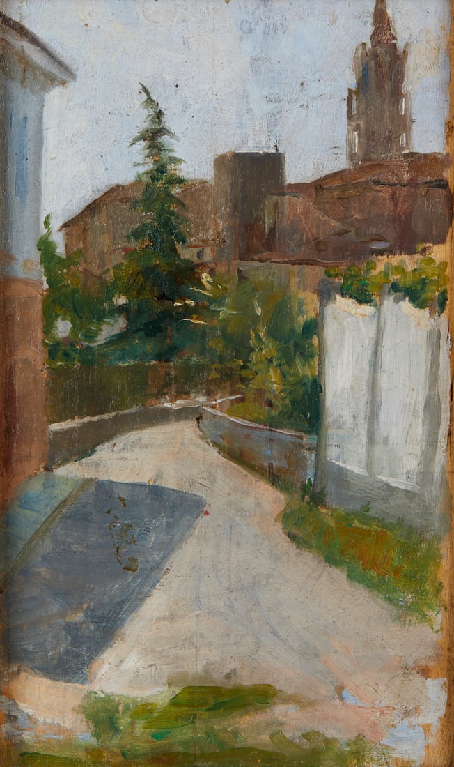 GIUSEPPE MAGNI Attributed do. View of the city street.: MAGNI GIUSEPPE (1869 - 1956) Attributed do. View of the city street. Oil on board. Cm 9,00 x 15,50. . Frame present
