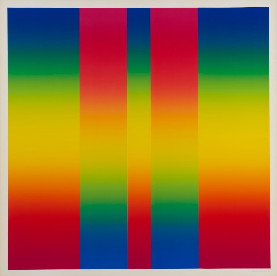 GETULIO ALVIANI Cromie Spettrologiche.: ALVIANI GETULIO (n. 1939) Cromie Spettrologiche. 1972. Offset lithograph on coated paper. Cm 69,00 x 69,00. 374/500. Edition and signature lower in pencil. Plura Edition, Milan.