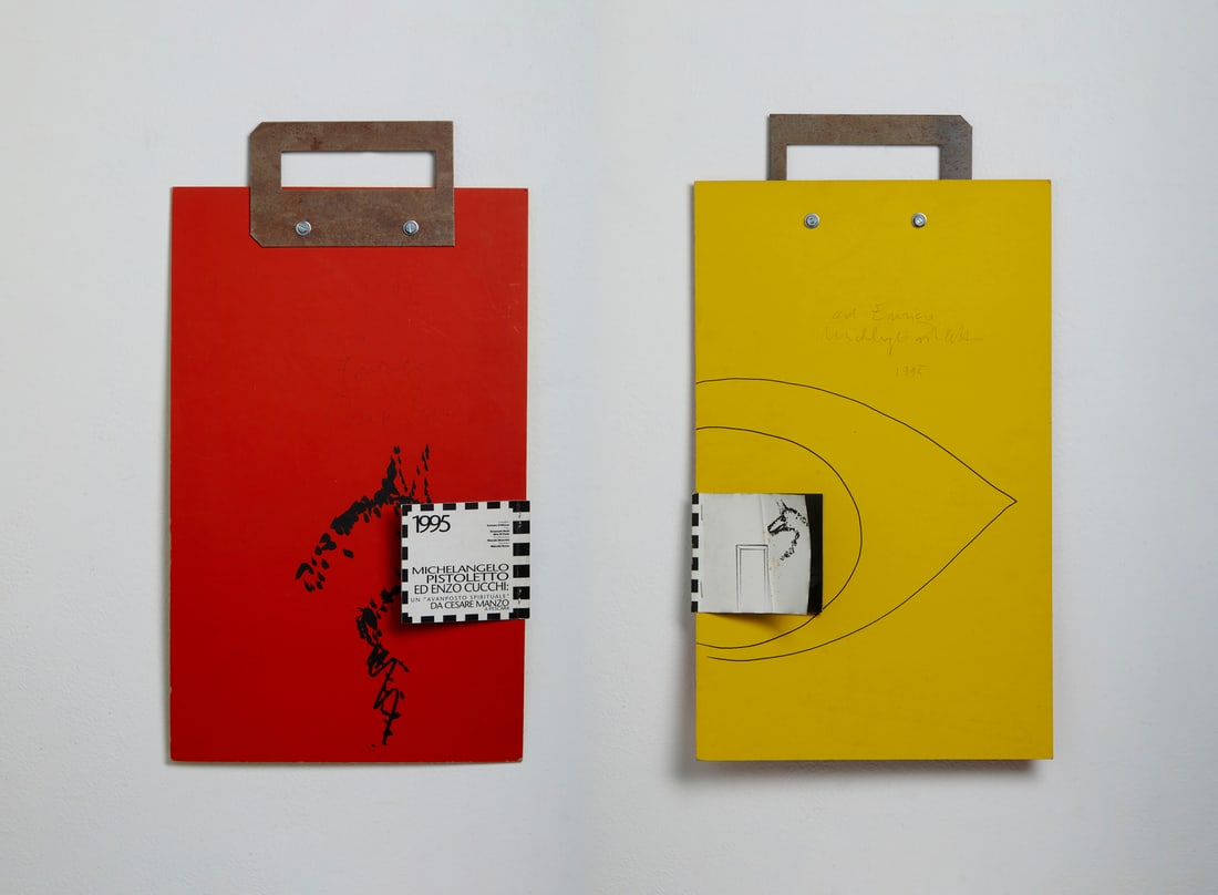 MICHELANGELO PISTOLETTO E ENZO CUCCHI Un avamposto spirituale.: MICHELANGELO PISTOLETTO E ENZO CUCCHI (n. 1995) Un avamposto spirituale. 1995. Multiple. Cm 30,00 x 54,00. Signatures, dedication and year on both sides. The artwork created for the exhibition Spiritu