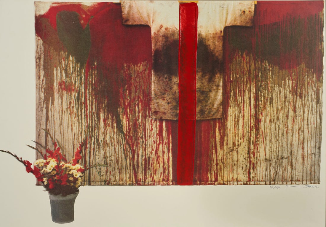 HERMANN NITSCH From folder Ubermalte Bild.: NITSCH HERMANN (1938 - 2022) From folder Ubermalte Bild. 1991. Intervention by the artist on lithography.. Cm 101,00 x 71,00. 54/150. Edition and signature lower in pencil. Watercolor paper 300 gr. of