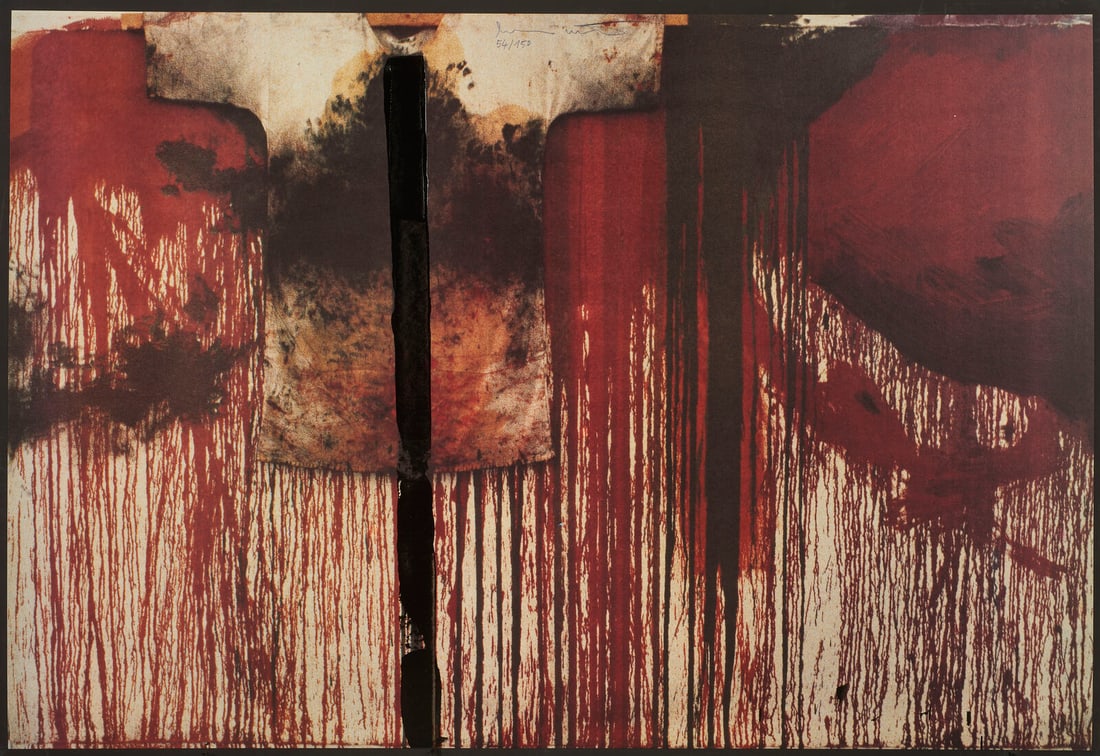 HERMANN NITSCH From folder Ubermalte Bild.: NITSCH HERMANN (1938 - 2022) From folder Ubermalte Bild. 1991. Intervention by the artist on lithography.. Cm 101,00 x 71,00. 54/150. Edition and signature lower in pencil. Watercolor paper 300 gr. of