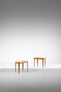 GIO PONTI Pair of coffee tables with trapezoidal top.: PONTI GIO (1891 - 1979) Pair of coffee tables with trapezoidal top. Glass and wood.. Cm 54,50 x 50,00 x 38,50. 1950s.Lot accompanied by certificate of expertise issued by Gio Ponti Archives, Milan