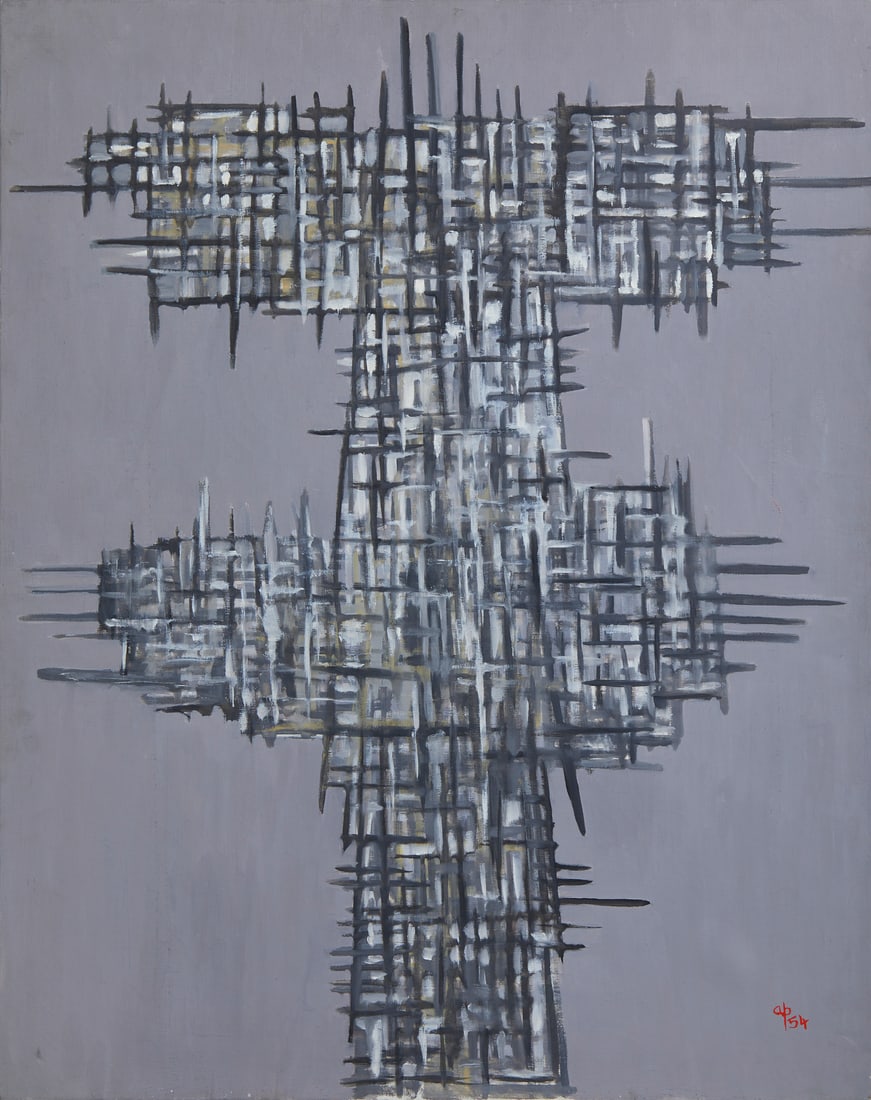 ACHILLE PERILLI Io no.: PERILLI ACHILLE (1927 - 2021) Io no. 1954. Olio su tela . Cm 73,00 x 92,00. Firma e anno in basso a destra. Al retro titolo, firma e anno. Opera registrata con il n.9 nel catalogo generale delle opere