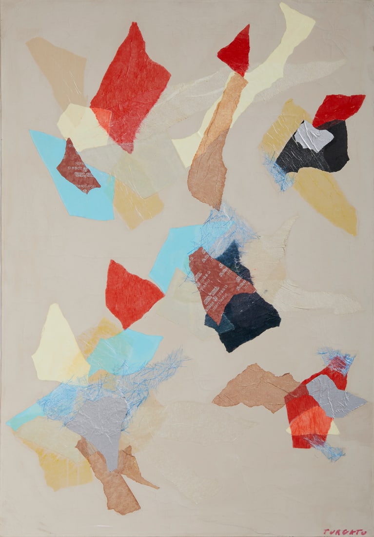 GIULIO TURCATO Senza titolo.: TURCATO GIULIO (1912 - 1995) Senza titolo. 1970. Olio e collage su tela. Cm 70,00 x 100,00. Firma in basso a destra e al retro. Opera archiviata presso l'Archivio Giulio Turcato, Roma, come da documen