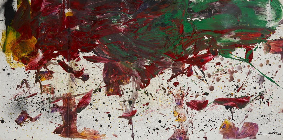 HERMANN NITSCH Senza titolo.: NITSCH HERMANN (1938 - 2022) Senza titolo. 2007. Olio su carta applicata su tavola. Cm 119,50 x 59,00. Firma e anno in basso a destra. Autentica su fotografia O.M. Theater riportante il relativo numer