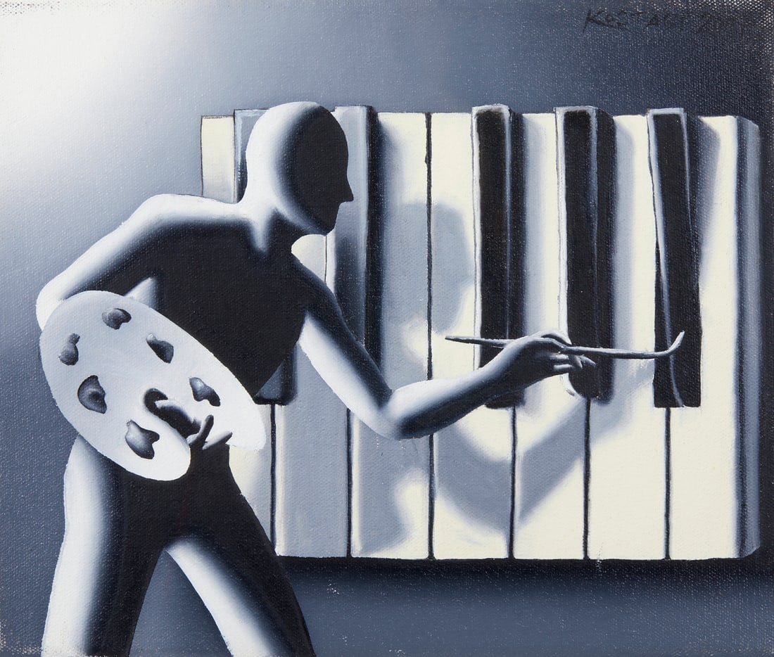 MARK KOSTABI Beyond the infinite.: KOSTABI MARK (n. 1960) Beyond the infinite. 2014. Olio su tela . Cm 25,00 x 30,00 x 3,00. Firma in alto a destra. Autentica dell'artista su fotografia. Cornice presente