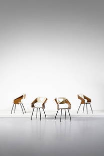 CARLO RATTI Four armchairs for Industria Legni Curvati, Italy.: RATTI CARLO Four armchairs for Industria Legni Curvati, Italy. Bent plywood, painted metal, vinyl and brass.. Cm 51,00 x 80,00 x 57,00. 1950s.