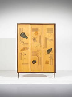 MOBILI D'ARTE SCREMIN Entrance wardrobe-wardrobe.: MOBILI D'ARTE SCREMIN Entrance wardrobe-wardrobe. Wood, brass, crystal and skai.. Cm 120,00 x 182,00 x 35,00. 1950s.