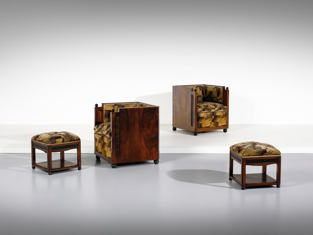 MERONI & FOSSATI in the style of. Two tub armchairs and two poufs. (1 of 8)