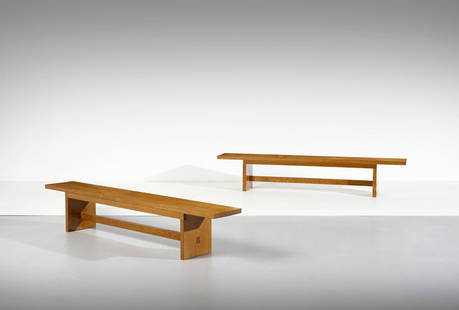 PIERLUIGI SPADOLINI attributed. Pair of benches.: SPADOLINI PIERLUIGI (1922 - 2000) attributed. Pair of benches. Oak.. Cm 240,00 x 45,50 x 35,50. 1960s.