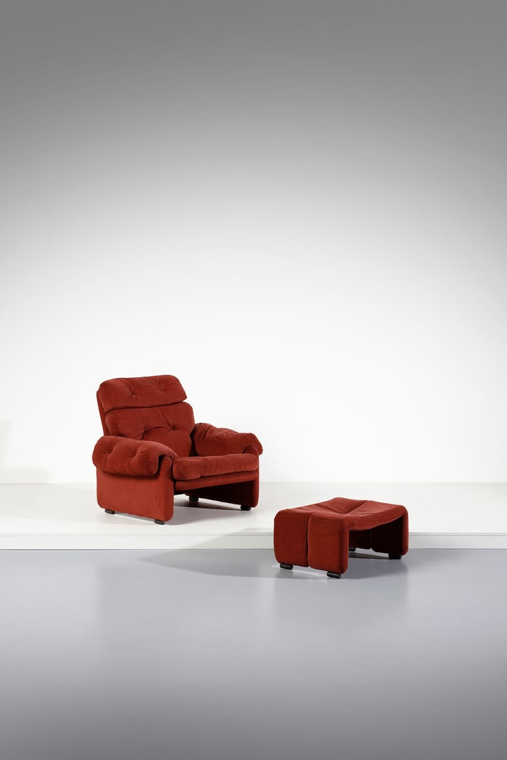 AFRA (1937-2011) & TOBIA (n. 1935) SCARPA Coronado armchair with footrest for B&B Italia.: SCARPA AFRA (1937-2011) & TOBIA (n. 1935) Coronado armchair with footrest for B&B Italia. 1966. Metal, plastic and padded fabric.. . Dimensions: armchair 82 x 96 x 86 cm; footrest 34 x 69 x 48 cmLiter