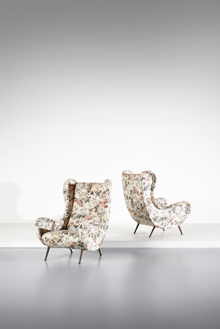 MANIFATTURA ITALIANA Pair of armchairs.: ITALIAN WORK Pair of armchairs. Brass and padding fabric.. Cm 75,00 x 98,00 x 82,00. 1950s.