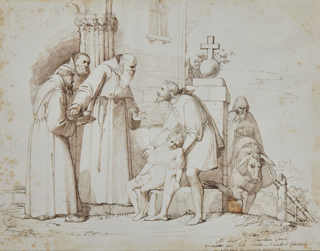 ADEODATO MALATESTA The healing.: MALATESTA ADEODATO (1806 - 1891) The healing. Ink on paper. Cm 32,50 x 25,50. Dedicated, signed and dated 1840 lower right.