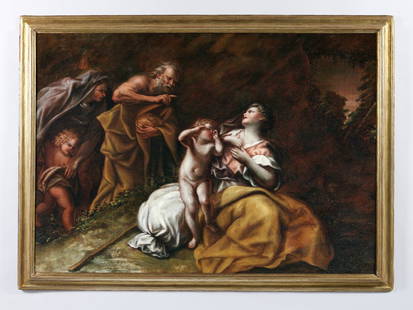 ARTISTA DEL XVII SECOLO Rest during the flight to Egypt.: 17th CENTURY ARTIST Rest during the flight to Egypt. Oil on canvas . Cm 148,50 x 105,00. . Frame present
