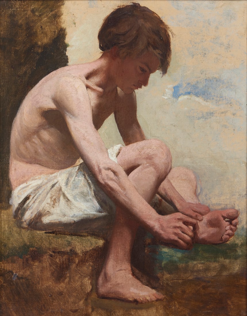 HENRY SCOTT TUKE Attributed to. Child in the pose of the Spinario.: TUKE HENRY SCOTT (1858 - 1929) Attributed to. Child in the pose of the Spinario. Oil on canvas . Cm 50,00 x 63,00. Monogram signature lower left. Frame present