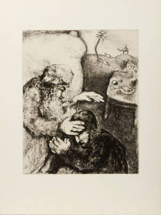 MARC CHAGALL Dalla serie La Bible: Jacob béni par Isaac.: CHAGALL MARC (1887 - 1985) Dalla serie La Bible: Jacob béni par Isaac. Etching. Cm 33,00 x 44,00. Plate size: 23.5x29.5 cm. Montval watermark lower right. Total edition: 295 copies (275 + 20 out of