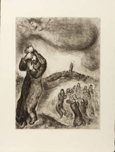 MARC CHAGALL Dalla serie La Bible: David Montant la Colline des Oliviers.: CHAGALL MARC (1887 - 1985) Dalla serie La Bible: David Montant la Colline des Oliviers. Etching. Cm 33,80 x 44,30. Signature in plate lower right. Plate size: 24.3x32.2 cm. Montval watermark lower rig
