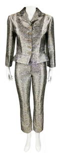 CHANEL Gold and silver trouser suit set.: CHANEL Gold and silver trouser suit set. 2012. . . Vintage Chanel pantsuit set. composed of a jacket with "nugget" jewel buttons, lapels and peplum and a pair of narrow cigarette trousers. Autumn Coll